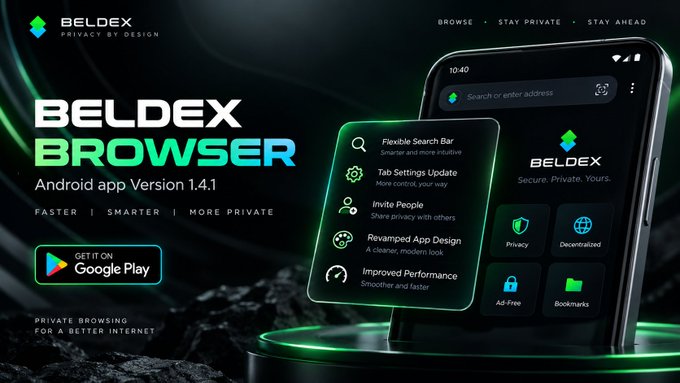 A promotional graphic for the 'BELDEX BROWSER' Android app Version 1.4.1, featuring the tagline 'FASTER | SMARTER | MORE PRIVATE' and a 'GET IT ON Google Play' button, displaying phone mockups with privacy features.