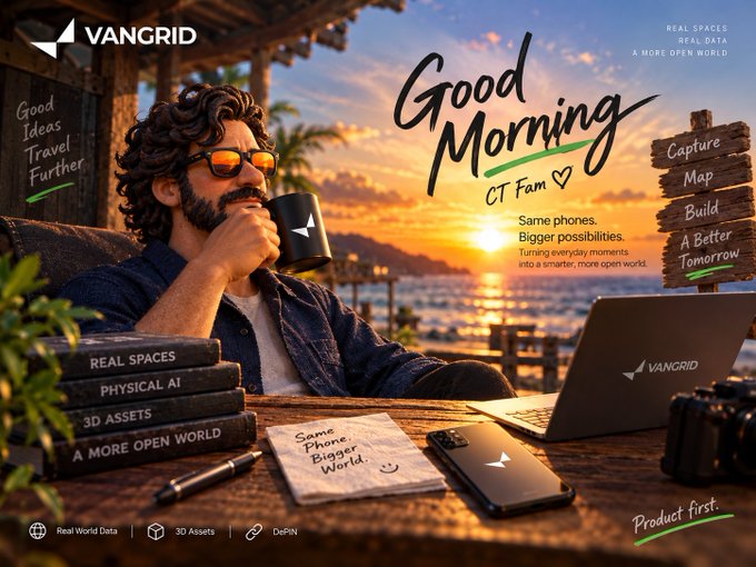 An illustrated advertisement for 'VANGRID' showing a man with sunglasses enjoying coffee at sunset, featuring the text 'Good Morning CT Fam' and 'Real Spaces. Real Data. A More Open World.'