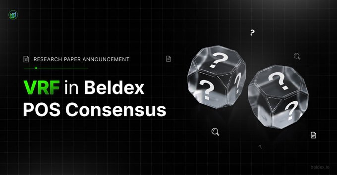 A dark graphic titled 'RESEARCH PAPER ANNOUNCEMENT: VRF in Beldex POS Consensus' featuring two translucent dice with question marks on a grid background.