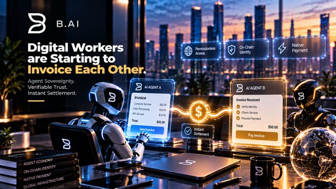 A B.AI advertisement showing two humanoid AI agents exchanging an invoice for $50.00, with text reading 'Digital Workers are Starting to Invoice Each Other' and highlighting 'AGENT SOVEREIGNTY' and 'INSTANT SETTLEMENT'.