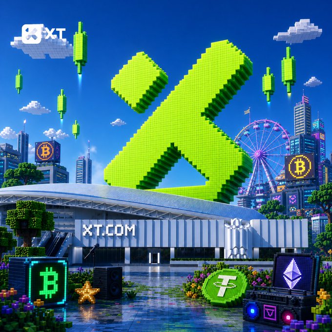 A vibrant voxel-style digital illustration promoting XT.com, featuring a large green 'X' logo, Bitcoin and Tether symbols, and a futuristic cityscape.