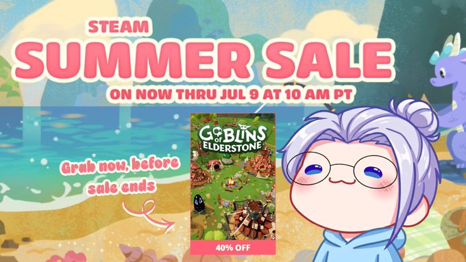 A promotional banner for the Steam Summer Sale running through July 9 at 10 AM PT, featuring the game Goblins of Elderstone at 40% off alongside a chibi anime character with white hair and glasses.