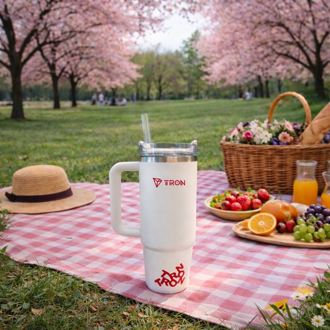 A white TRON-branded tumbler sits on a picnic blanket with a straw hat, fresh fruit, and flowers under blooming cherry blossom trees.