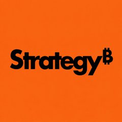 Bold black "Strategy" wordmark (with a stylized Bitcoin "₿" replacing the letter "i") set against a vivid orange background, visually representing the company's rebrand tied to its Bitcoin treasury focus that Saylor is advising long-term MSTR investors to weather.