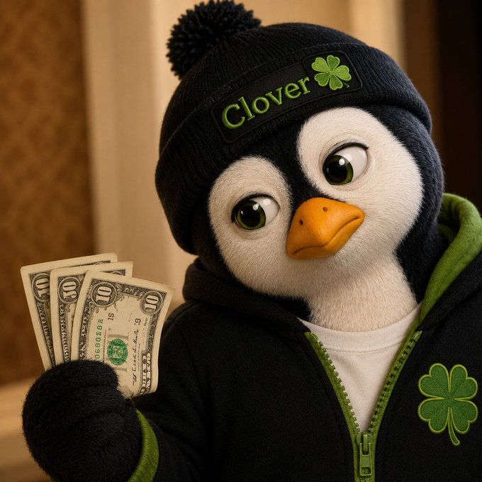 A cartoon penguin wearing a black beanie labeled 'Clover' with a green shamrock and a matching green hoodie, holding US $10 bills.