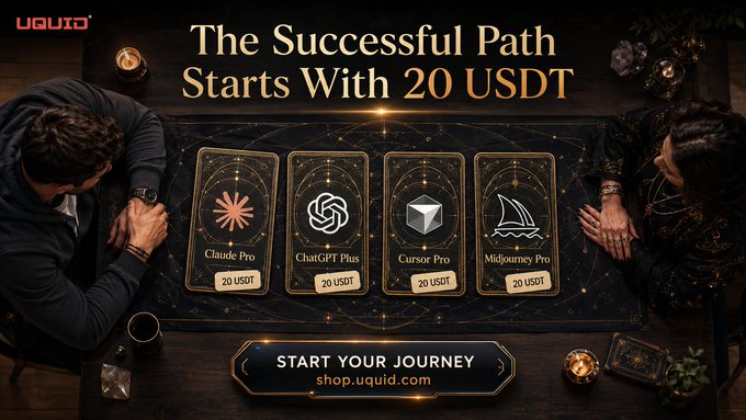An advertisement for "UQUID" promoting AI subscriptions with the text "The Successful Path Starts With 20 USDT," featuring tarot-style cards for Claude Pro, ChatGPT Plus, Cursor Pro, and Midjourney Pro.