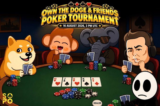 A promotional graphic for the "OWN THE DOGE & FRIENDS POKER TOURNAMENT" on 16 August 2026 at 3 PM UTC, featuring cartoon characters including Doge, a monkey, an elephant, and others seated around a poker table with cards and chips, visually tying into the accompanying announcement about the exclusive tournament and prize pool.