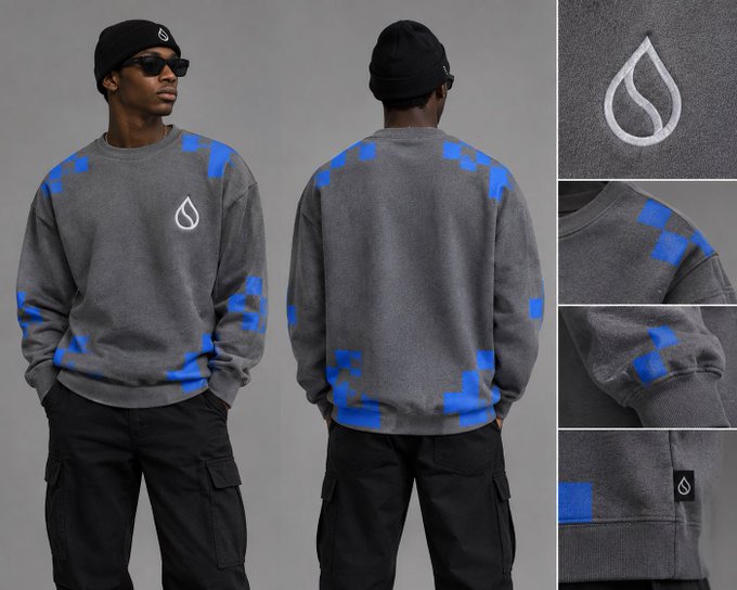 A product showcase displays a gray crewneck sweatshirt with blue checkered pattern accents, modeled from front and back views alongside close-ups of the embroidered droplet logo and sleeve details.