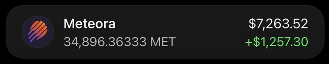 A portfolio snapshot displays a holding of 34,896.36333 Meteora (MET) tokens valued at $7,263.52, up $1,257.30. This aligns with the poster's bullish outlook on MET, supporting their bet that the platform will benefit from the proliferation of newly launched tokens needing liquidity markets.