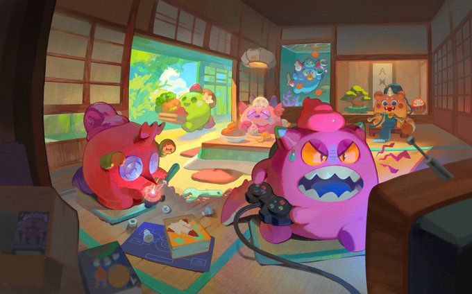The image features a cartoon scene of two pink monsters fighting each other while holding video game controllers, surrounded by various objects such as books and a TV. The room appears to be a living space or a gaming area with a dining table and chairs nearby. A person is also present in the background, possibly observing the battle between the two monsters.