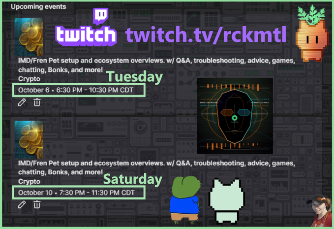 A Twitch stream schedule screenshot for twitch.tv/rckmtl listing upcoming 'IMD/Fren Pet setup and ecosystem overviews' events on Tuesday October 6 and Saturday October 10, with pixel art characters visible.