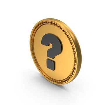 A golden coin with a question mark symbol on it, displayed at an angle against a white background.