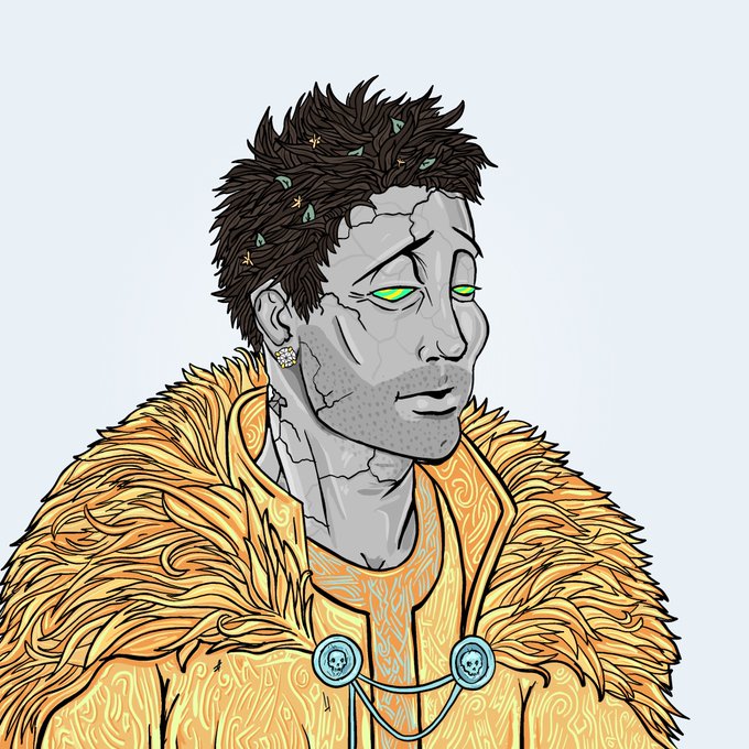 A detailed digital illustration of a character with gray, stone-like cracked skin, glowing green eyes, and dark spiky hair accented with small leaves, wearing an ornate golden-yellow robe with fur trim and skull-shaped clasps.