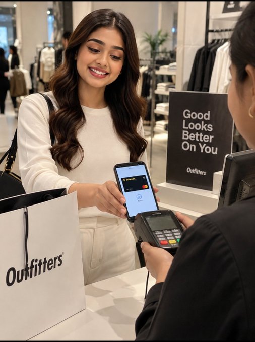 A smiling woman uses her Binance Card at an "Outfitters" checkout, tapping the contactless payment against the terminal while holding a branded shopping bag. The scene illustrates the post's message about integrating crypto into everyday offline spending through Binance Card.