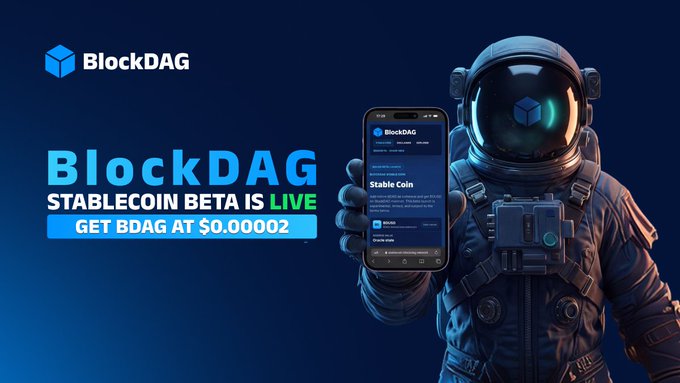 An astronaut holds up a smartphone displaying the BlockDAG app showing the BDUSD Stable Coin, while promotional text advertises "BlockDAG STABLECOIN BETA IS LIVE" with BDAG available at $0.00002. The futuristic imagery reinforces the post's message about BlockDAG's expansion into real mainnet utility through its new stablecoin beta.