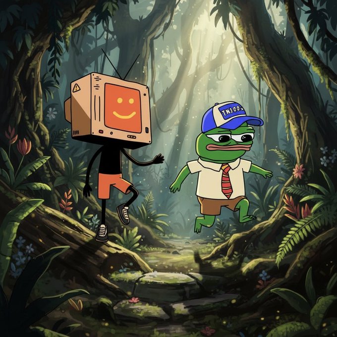 An illustration showing a cartoon television with an orange smiley face and a green frog wearing a 'TN100' cap and tie walking together through a lush forest.