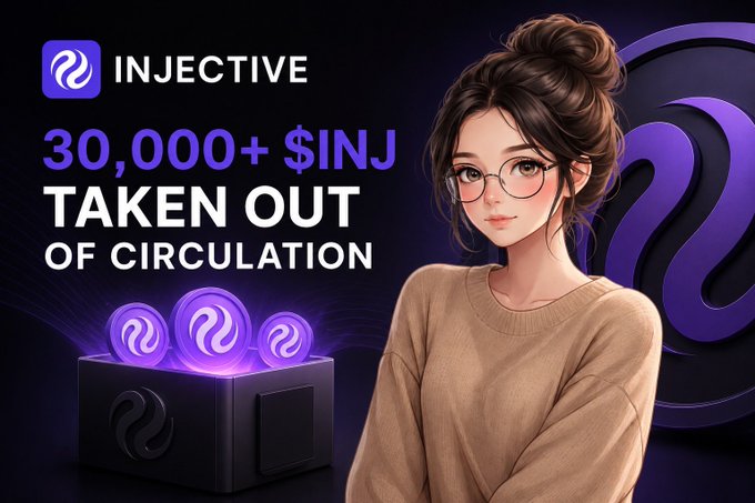 A promotional graphic for Injective (INJ) announcing '30,000+ $INJ TAKEN OUT OF CIRCULATION,' featuring an illustrated woman and purple Injective token icons.