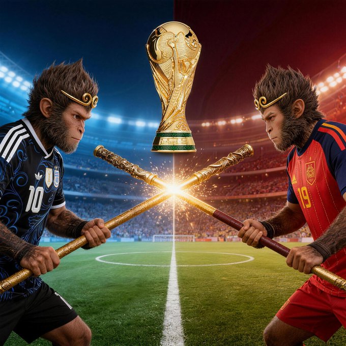 Two monkey warriors in soccer jerseys face off with crossed golden staffs beneath the FIFA World Cup trophy on a stadium field.