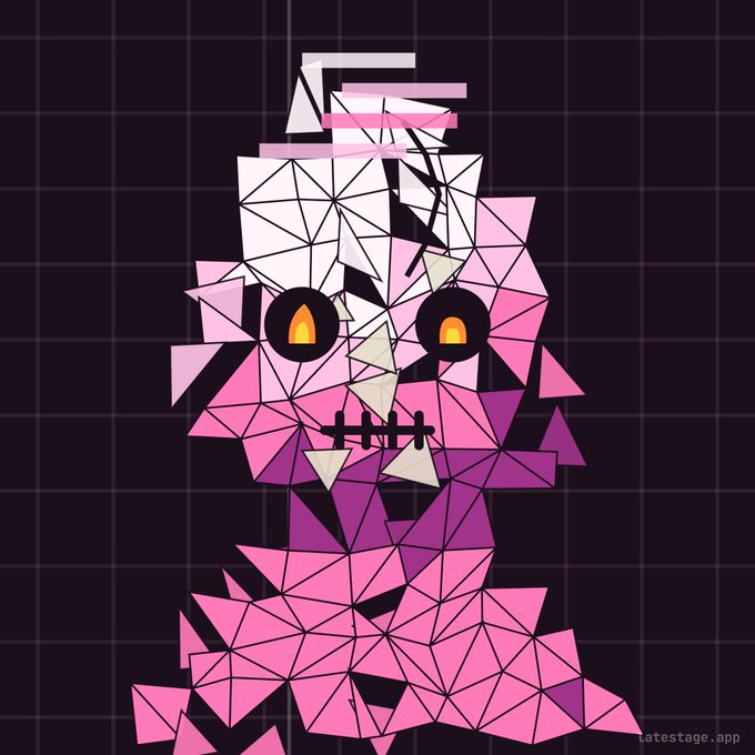 A geometric, low-poly digital art piece depicting a pink and white skeletal creature with glowing orange eyes on a dark grid background, with 'Latestage.app' watermarked.