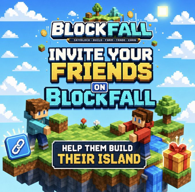 A pixel-art promotional graphic for "BLOCKFALL" featuring the text "INVITE YOUR FRIENDS ON BLOCKFALL" and "HELP THEM BUILD THEIR ISLAND," showcasing blocky characters on floating green islands with a gift box and link icon, illustrating the game's new referral feature that the post highlights as a recent milestone for the Solana-based $BLOCK coin.