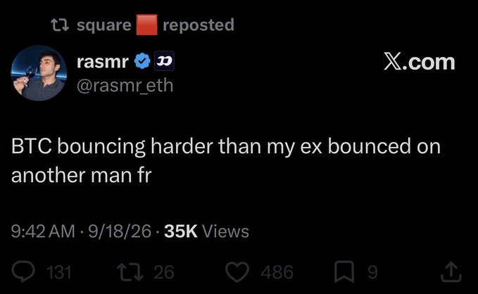 A reposted X post by @rasmr_eth jokes "BTC bouncing harder than my ex bounced on another man fr" (35K views, 486 likes), with the accompanying commentary suggesting even memes about Bitcoin's price rebound carry deeper symbolic meaning.

The humor connects to the broader caption by framing a simple BTC price observation as part of some grand, conspiratorial narrative—turning a relatable crypto joke into "evidence" of hidden forces at play.