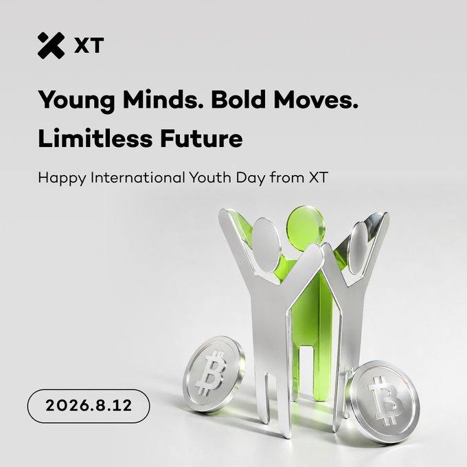 XT crypto exchange promotional graphic reading 'Young Minds. Bold Moves. Limitless Future. Happy International Youth Day from XT' with the date 2026.8.12 and a 3D sculpture of figures with Bitcoin coins.