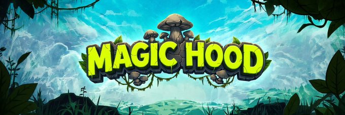 A video game logo titled "MAGIC HOOD" displayed in green stylized text with mushrooms growing from the letters, set against a fantasy jungle and mountain landscape.