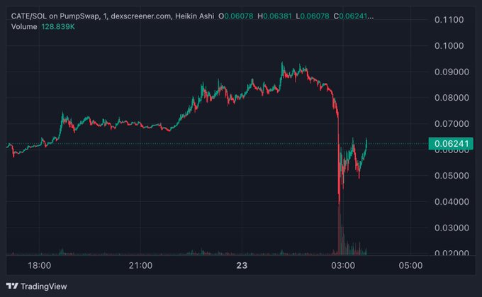 A TradingView candlestick chart showing the price action of CATE/SOL on PumpSwap via dexscreener.com, displaying a sharp price drop around the 03:00 mark with current price at 0.06241.