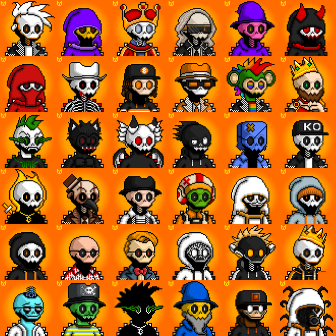 A grid of 30 pixel art skull characters with various outfits, hats, and accessories against an orange background with a 'b' watermark pattern.