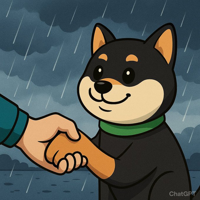 A cartoon-style illustration of a smiling black and tan Shiba Inu dog shaking hands with a person during a rainy day, with a 'ChatGPT' watermark in the corner.