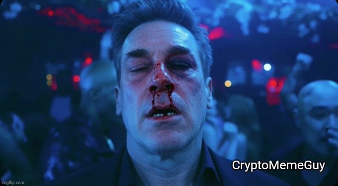A man with a bloody nose and black eye appears to have been in a fight, embodying the "meme form" of Evernorth XRP news. The watermark "CryptoMemeGuy" is visible in the bottom right corner.