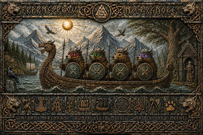 A detailed Norse mythology artwork depicting four armored dwarves with red, green, brown, and purple masks in a Viking ship, surrounded by runes and a carved stone frame.