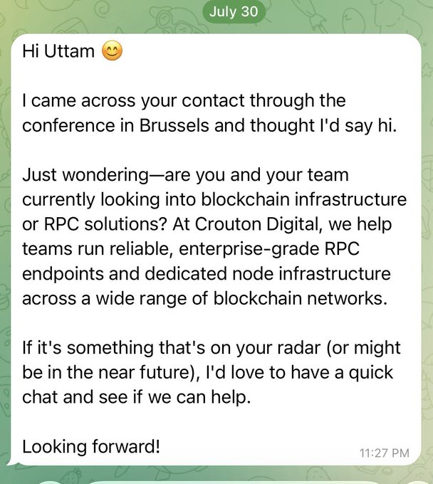 A WhatsApp DM from "Crouton Digital" pitching blockchain/RPC infrastructure services to "Uttam," citing a Brussels conference connection—a generic cold sales message that the recipient is mocking for being impersonal and poorly researched.
