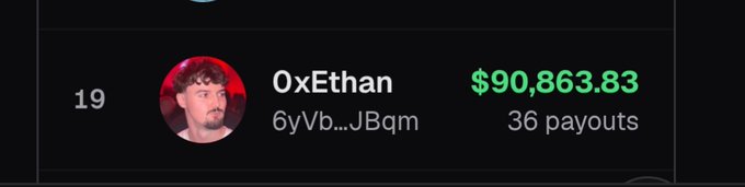 A screenshot showing a user profile '0xEthan' ranked #19 with an earnings total of $90,863.83 across 36 payouts.