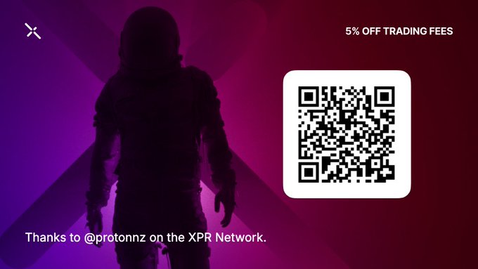 The image features a person wearing a spacesuit, standing against a purple background with a white square containing a black and white patterned design. The text "5% Off trading fees" is displayed below the image.