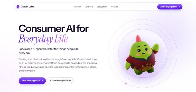 A landing page for 'Gotchi Labs' promoting 'Consumer AI for Everyday Life', featuring a green, rounded character wearing a red garment, with buttons to 'Visit Sleepagotchi' and 'Explore the platform'.