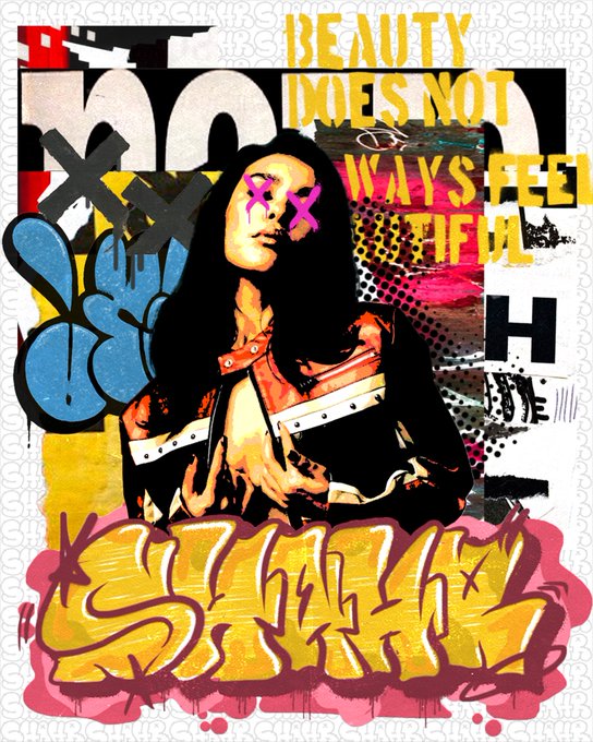 A colorful graffiti-style digital artwork showing a woman with pink X's over her eyes, overlaid with text including 'BEAUTY DOES NOT WALK FEEL IT' and stylized yellow lettering at the bottom.