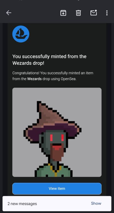 A mobile screenshot from OpenSea showing a successful mint from the 'Wezards' drop, displaying a pixel art zombie-like character with red eyes wearing a green robe.