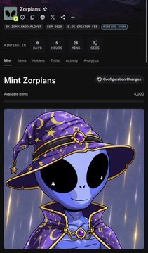 A screenshot of a digital asset minting page for "Zorpians," showing a countdown timer and a preview of an alien character wearing a purple wizard hat and robe with star and moon patterns.