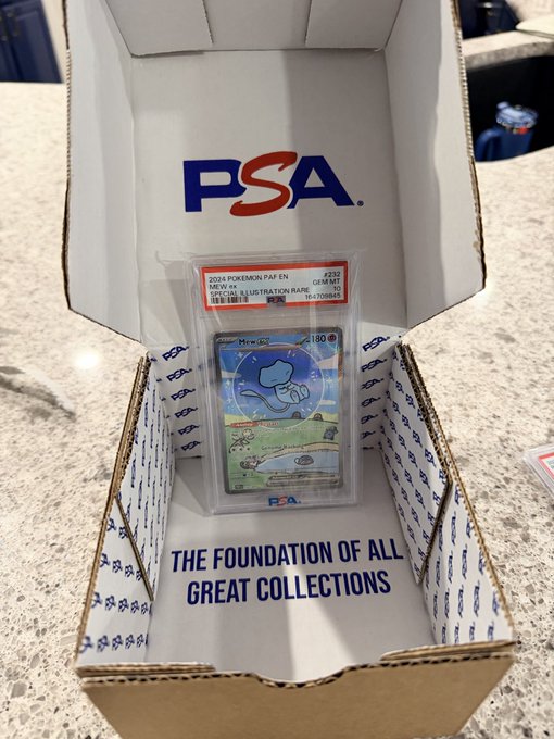 A freshly opened PSA grading box reveals a PSA 10 Gem Mint 2024 Pokémon Paldea Evolved Mew ex card (#232), a rare "Special Illustration Rare" Bubble Mew, fulfilling the celebratory post about finally getting the perfect grade on this highly sought-after card.