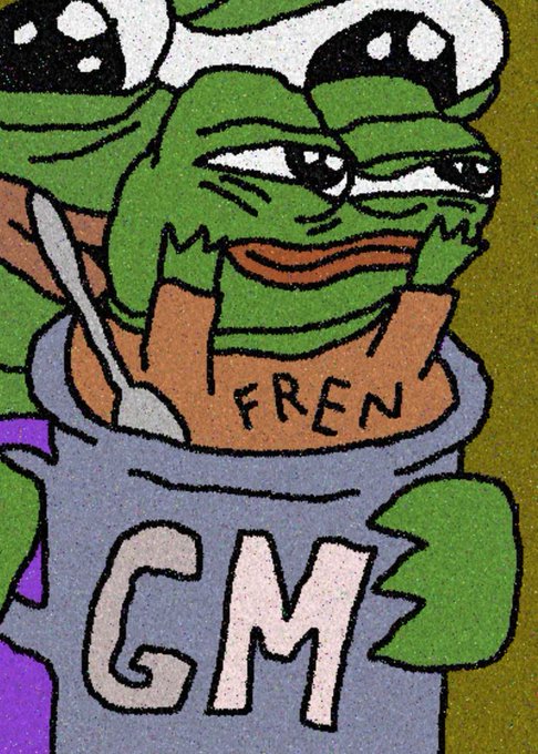 Cartoon artwork of Pepe the Frog styled as a character with mushrooms on its head, sitting in a bucket labeled 'GM' with 'FREN' written on its arm.