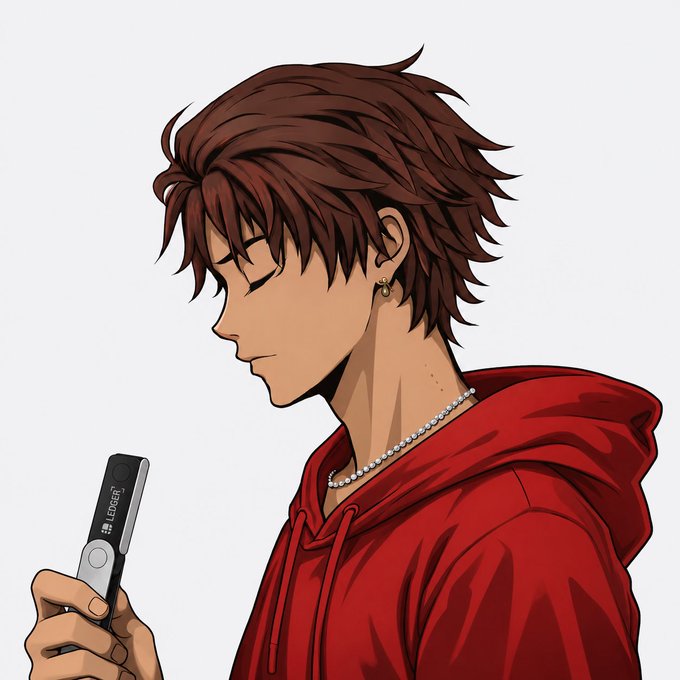 An anime-style illustration shows a brown-haired young man in a red hoodie with a pearl necklace and earring, looking down at a handheld device with partially visible text "LEDGER." The image ties into the "GM" post by depicting someone focused on their device, ready to engage with the crypto community.