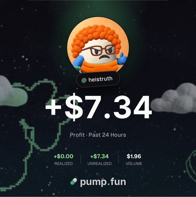 A pump.fun trading dashboard showing a cartoon avatar character @heistruth with +$7.34 unrealized profit over the past 24 hours and $1.96 trading volume.