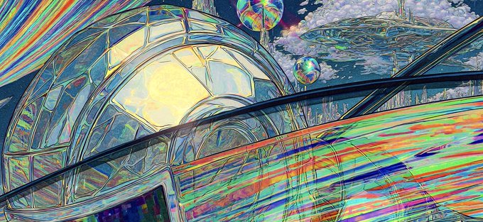 A colorful, abstract digital illustration featuring a large soccer ball-like sphere with rainbow streaks and floating bubbles against a cloudy sky.