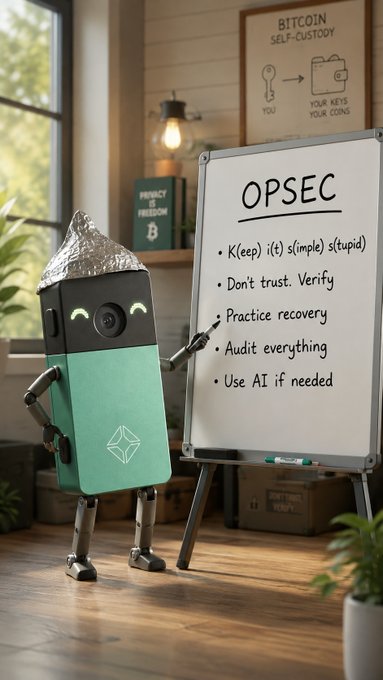 A small robot wearing a tin foil hat stands next to a whiteboard listing OPSEC principles ("K(iss) I(t) S(imple) S(tupid)", "Don't trust. Verify", "Practice recovery", "Audit everything", "Use AI if needed") in a Bitcoin self-custody themed room with a "BITCOIN SELF-CUSTODY: YOUR KEYS, YOUR COINS" poster. The image humorously illustrates the OPSEC mindset behind the post's discussion of using Blockstream Jade's Temporary Signer as a nearly offline BIP39 word calculator for secure seed phrase recovery.