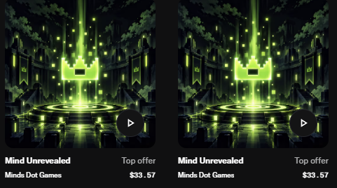 The image displays a promotional graphic for "Mind Unrevealed" by Minds Dot Games, listed as a "Top offer" priced at $33.57, featuring a green pixelated alien-like character in a dark, mysterious setting. The accompanying post reflects on the project's mint experience, noting it sold out in 10 seconds during FCFS, and the poster acknowledges handling concerns while expressing confidence in the experienced team.