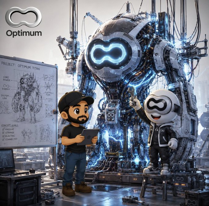 Promotional artwork labeled 'PROJECT: OPTIMUM TITAN' depicting a cartoon character and a small robot in front of a massive mechanical Titan robot, with an 'Optimum' logo in the corner.