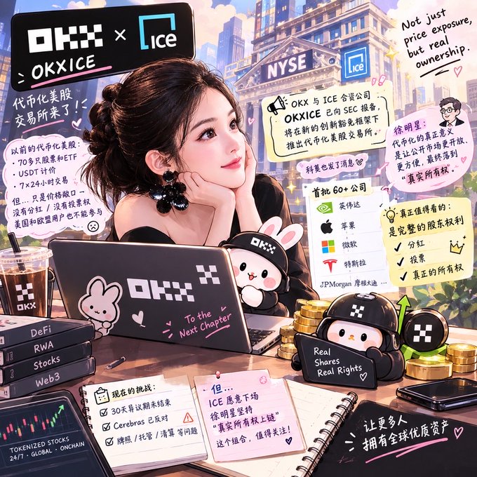Anime-style promotional graphic for OKX and ICE (ticker 'NYSE'), featuring a young woman with a laptop and plush toys, alongside Chinese text explaining tokenized US stocks ('代币化美股') and highlighting benefits like real shares, dividends, and voting rights.