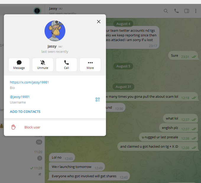 A Telegram profile for "Jassy" (@jassy19981) is shown, featuring an anime-style avatar and chat messages accusing them of scamming and claiming their Twitter account was hacked.