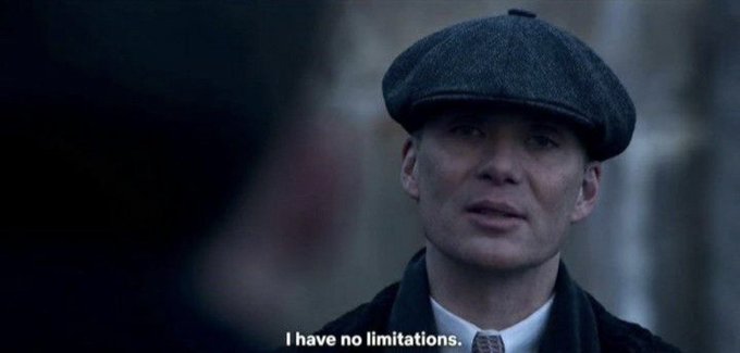 A scene from the movie 'Oppenheimer' showing Cillian Murphy as J. Robert Oppenheimer in a flat cap, with the subtitle 'I have no limitations.'